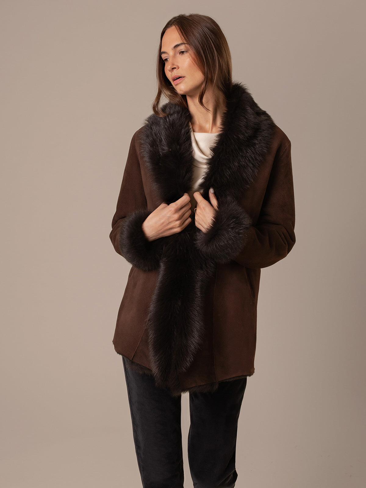 Ladies Full Length Beaver Toscana Shearling Sheepskin Coat Rosetta