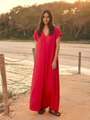 Linen Blend V Neck Maxi Swing Dress