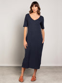 Leinenmischgewebe V-Ausschnitt Midikleid